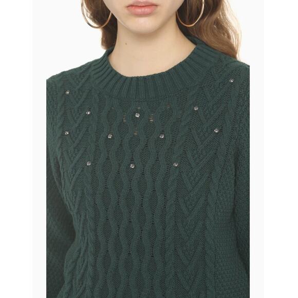 MaxMara | Ennio Cable Knit Rhinestone Pullover Sweater Forest Green Size Medium - Picture 4 of 9